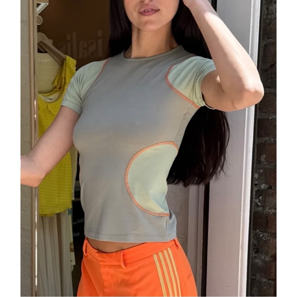 ARTHUR Raglan Tight Tee in Fog - Gray Green Orange Stitching Baby Tee Top sz 2